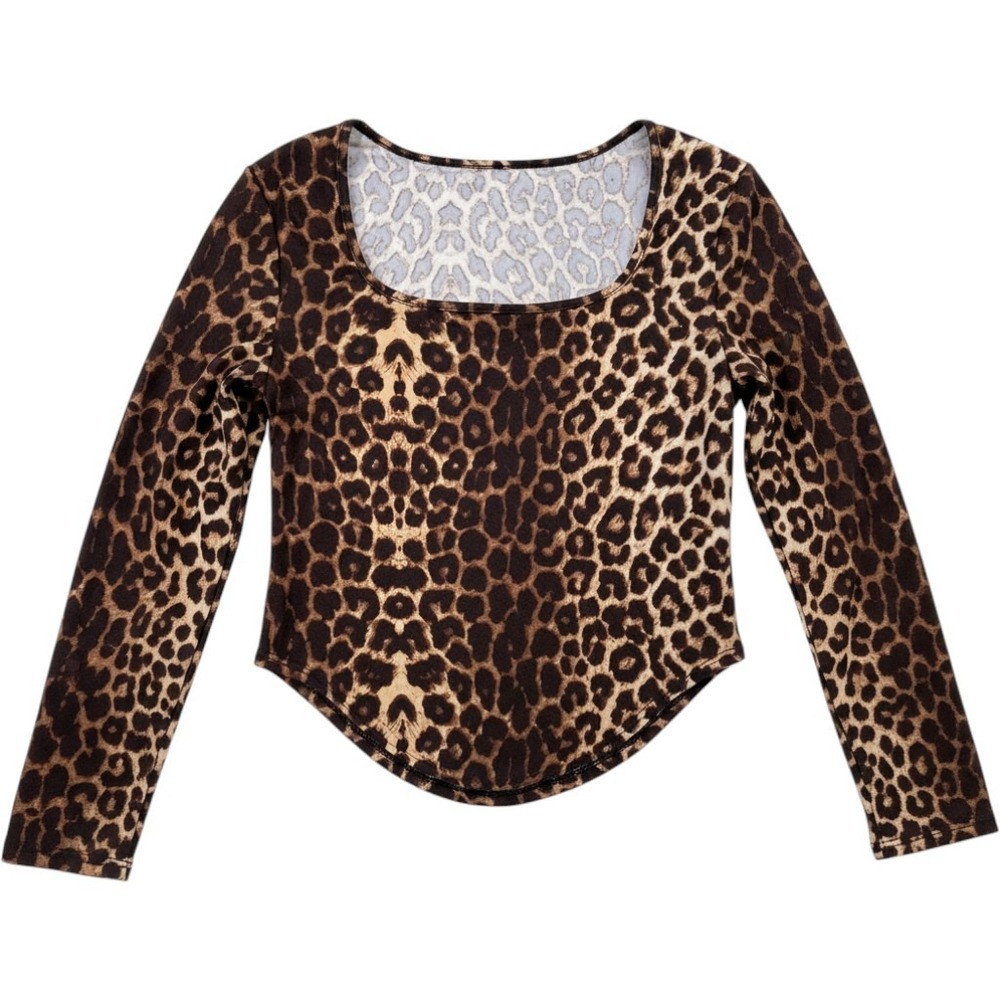 SHEIN Curve Leopard Print Long Sleeve Square Neck Curved Hem Top Size 0X
